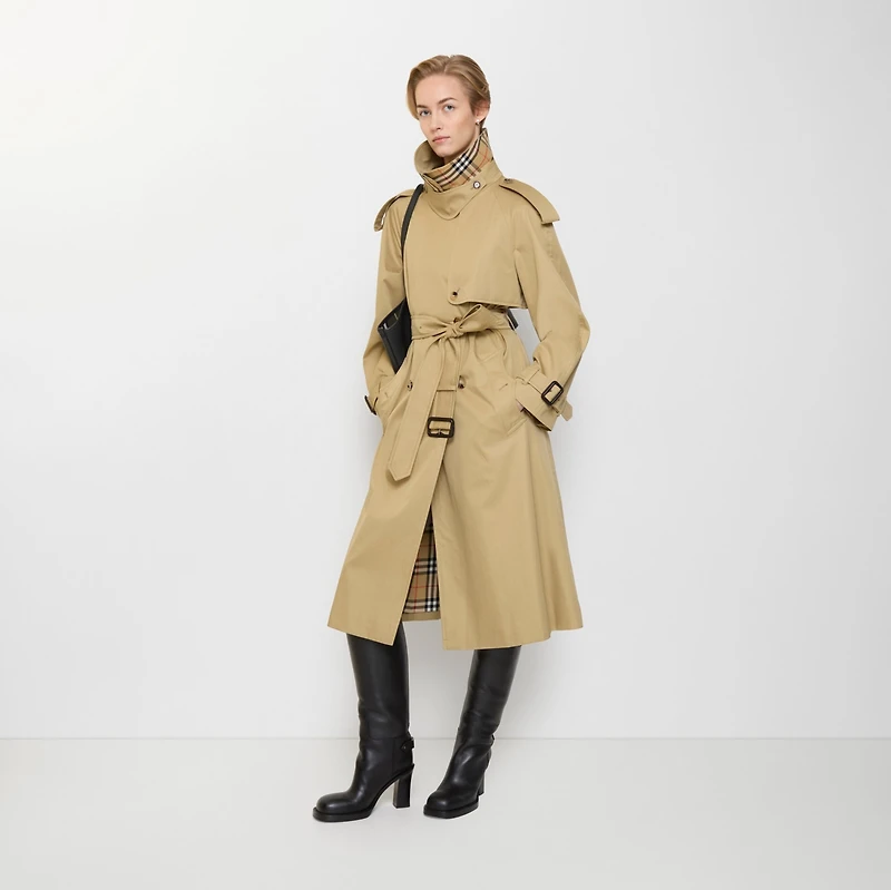 Long Gabardine Fitzrovia Trench Coat in Beige - Women, Cotton Gabardine | Burberry® Official