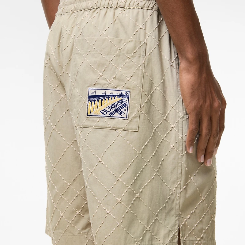 Check Embroidered Cotton Shorts in Sparrow beige - Men | Burberry® Official