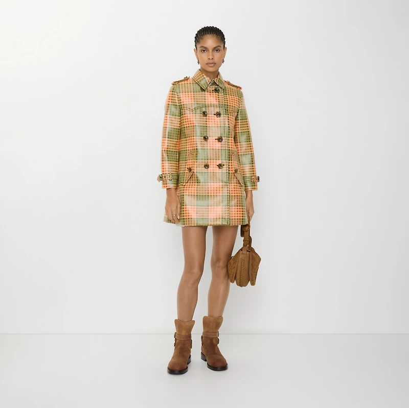 Short Check Coated Raffia-effect Summerside Trench Coat in Chrome yellow/pomegranate pink - Women, Nylon | Burberry® Official