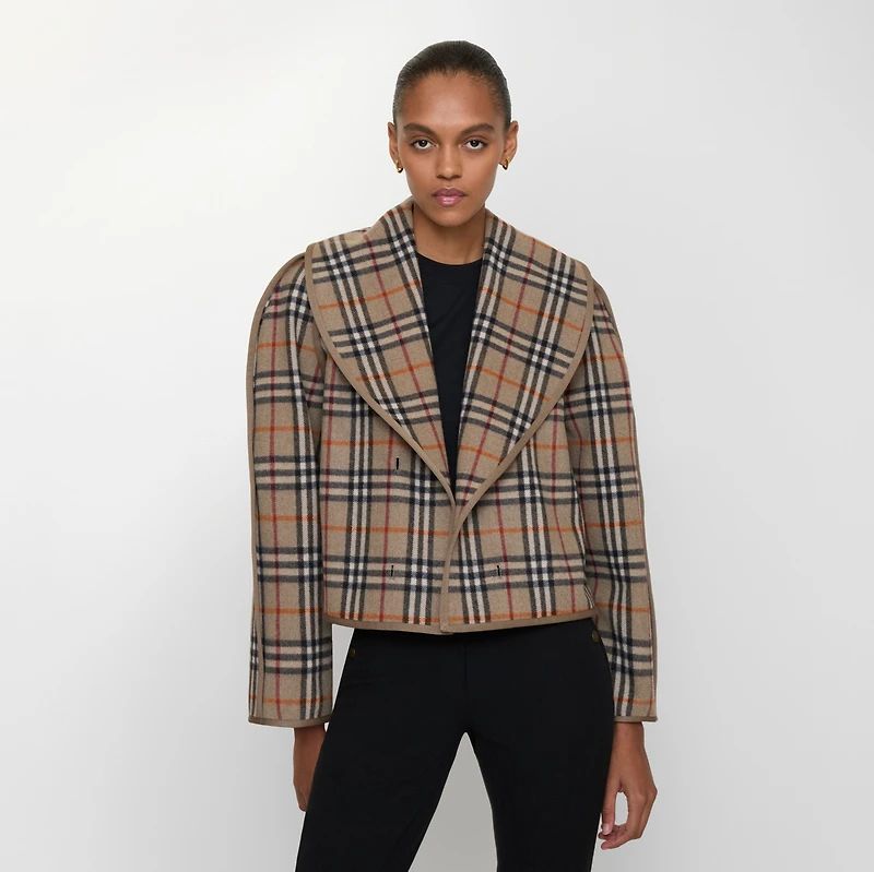 Cropped Cotton Jacket with Check Warmer in Lichen beige - Women | Burberry® Official