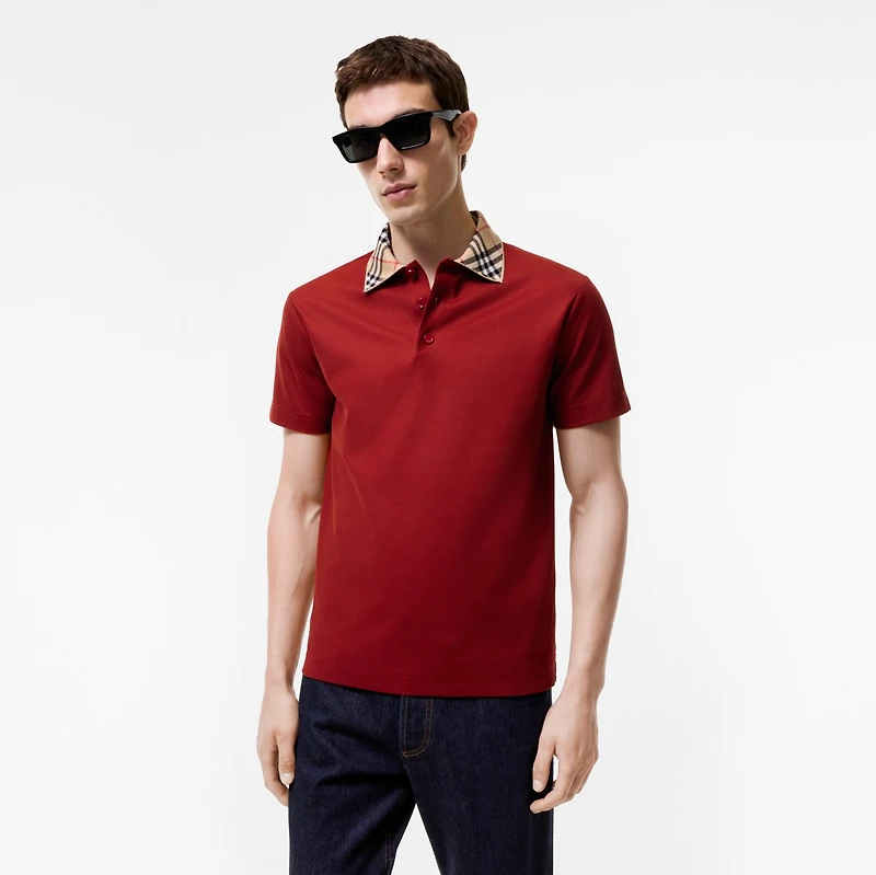 Check Collar Cotton Polo Shirt in Vineyard red - Men | Burberry® Official