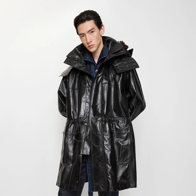 Detachable Fringed Trim Leather Parka in Black - Men | Burberry® Official