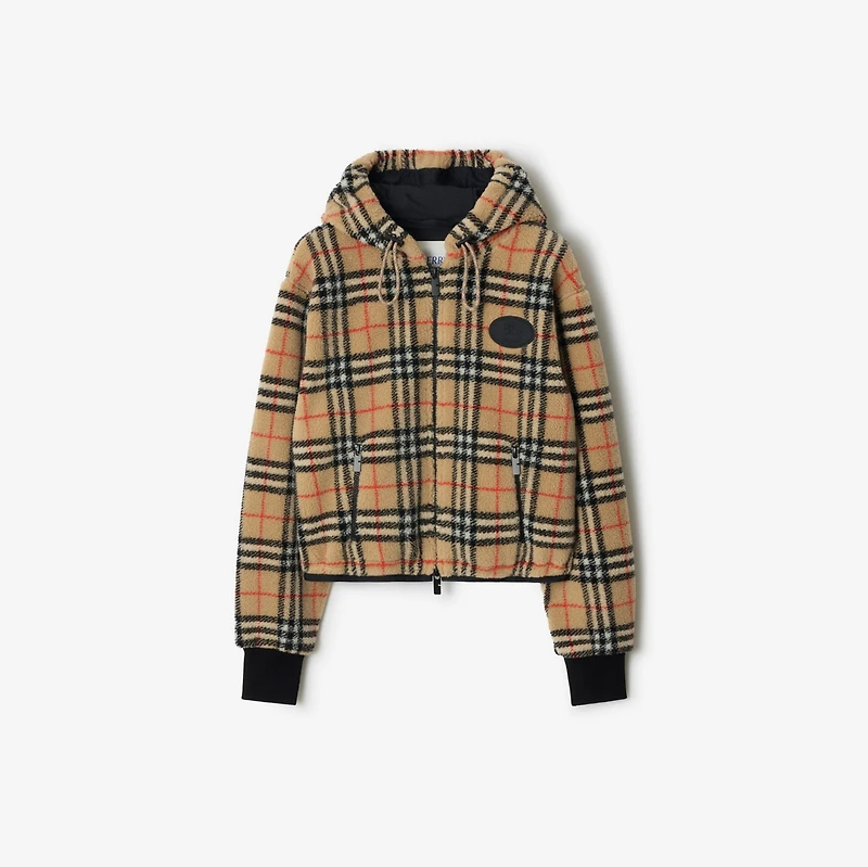 Cropped Check Fleece Hooded Jacket in Sand beige - Women | Burberry® Official