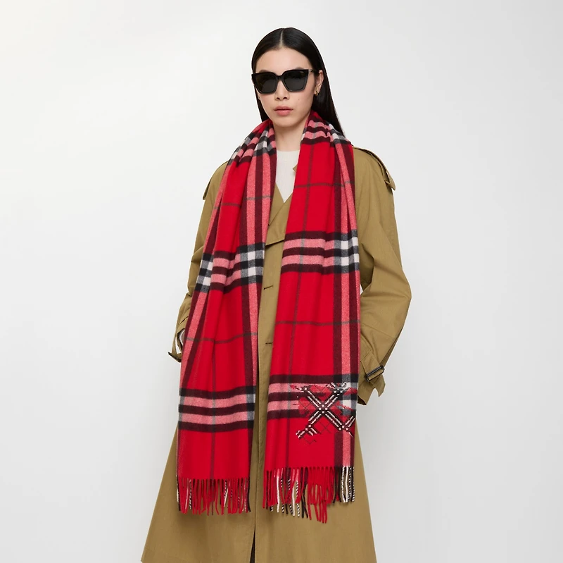 Wide Cross Stitch EKD Check Cashmere Scarf in Post red | Burberry® Official