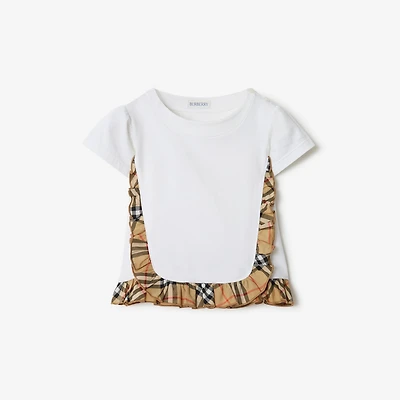 Check Ruffle Stretch Cotton T-shirt in White | Burberry® Official