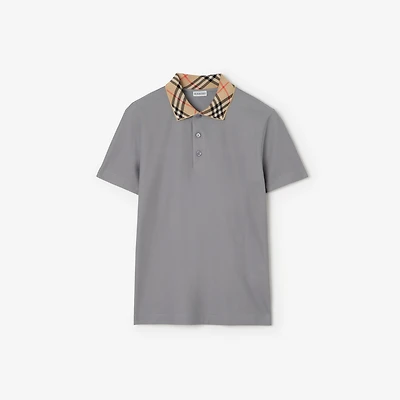 Check Collar Cotton Polo Shirt in Rainy grey - Men | Burberry® Official