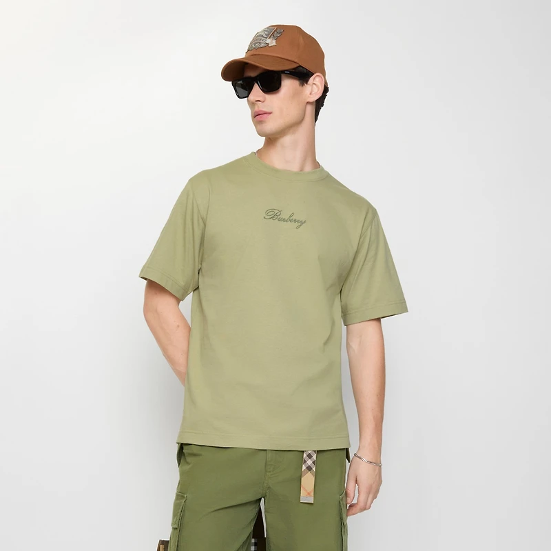 Check Cursive Logo Cotton T-shirt in Glade green - Men | Burberry® Official