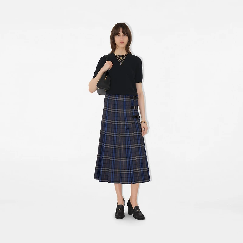 Check Wool Midi Kilt in Bright oxford blue/light granite - Women | Burberry® Official