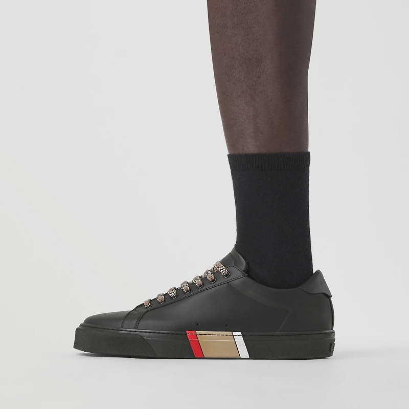 Stripe Detail Leather Sneakers in Black - Men | Burberry® Official