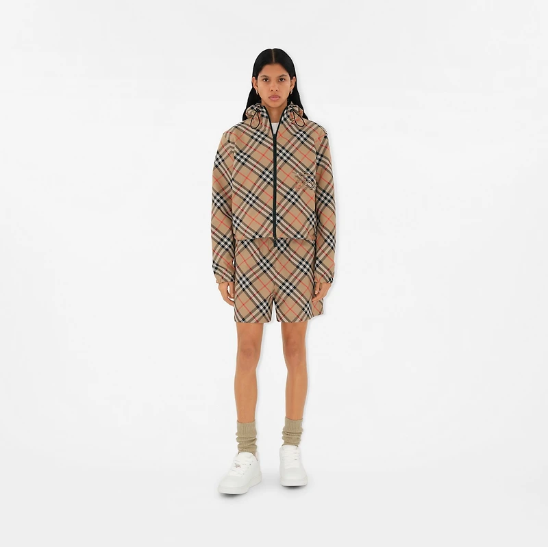Cropped Reversible Check Hooded Jacket in Sand - Women, Nylon | Burberry® Official