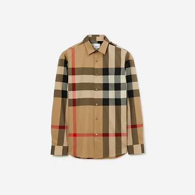 Slim Fit Check Cotton Shirt in Archive beige