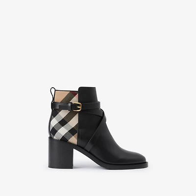 Check and Leather Heel Boots in Black/archive beige - Women | Burberry® Official