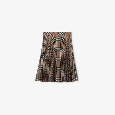 Pleated Check Wool Blend Skirt in Linden - Women, Nylon | Burberry® Official