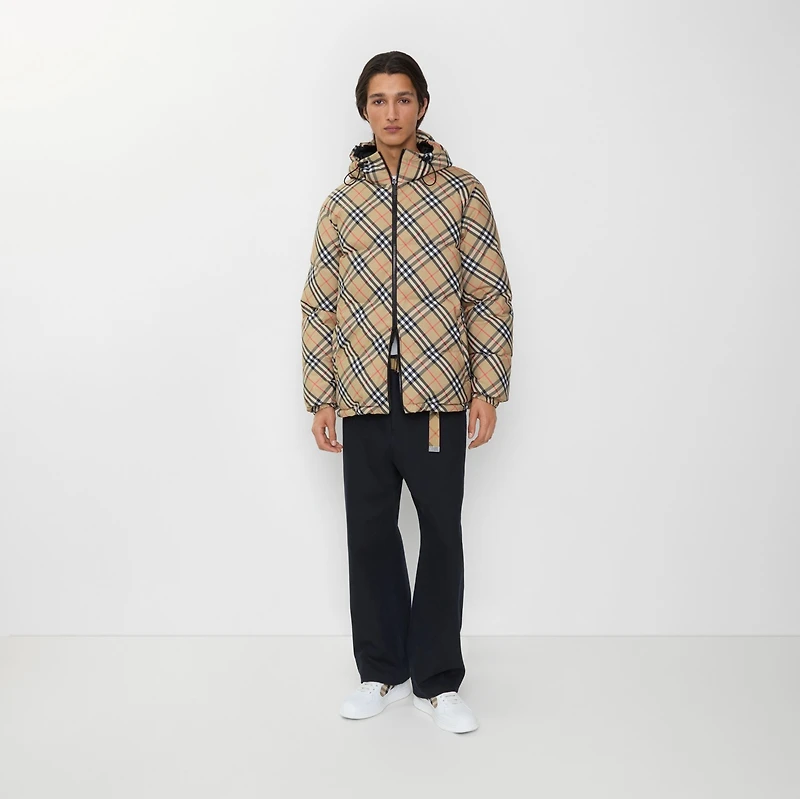 Reversible Check Hooded Puffer Jacket in Sand beige - Men | Burberry® Official