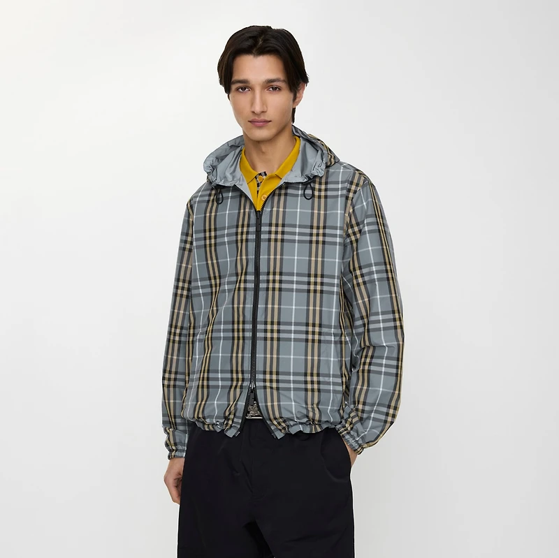 Reversible Check Hooded Jacket in Wave blue - Men, Nylon | Burberry® Official