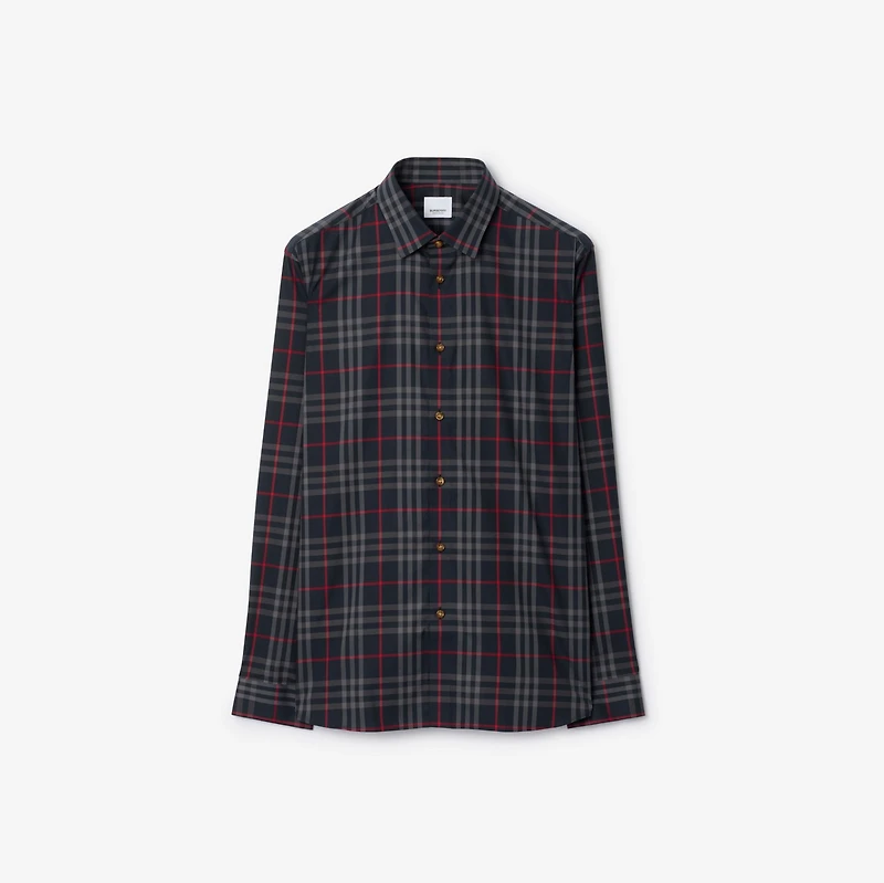 Slim Fit Check Stretch Cotton Shirt in Navy/grey