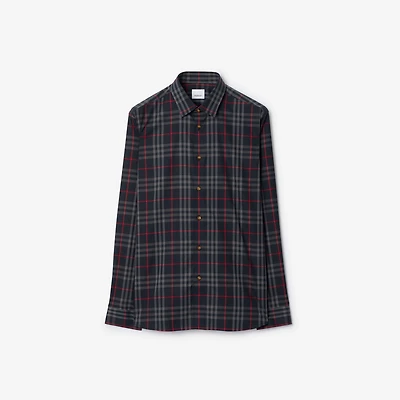 Slim Fit Check Stretch Cotton Shirt in Navy/grey