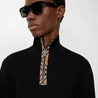 Check Trim Wool Half-zip Sweater in Black - Men, Cashmere | Burberry® Official