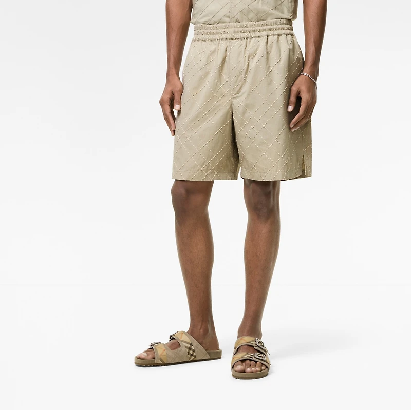 Check Embroidered Cotton Shorts in Sparrow beige - Men | Burberry® Official