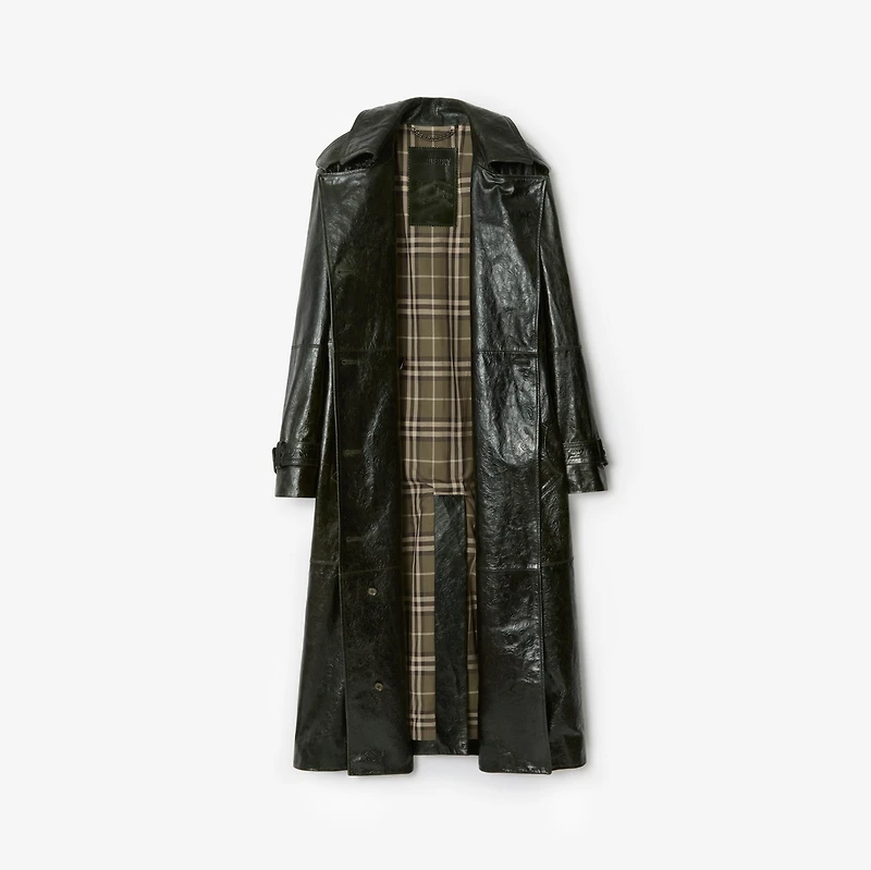 Long Embossed Leather Trench Coat in Moat green - Women | Burberry® Official