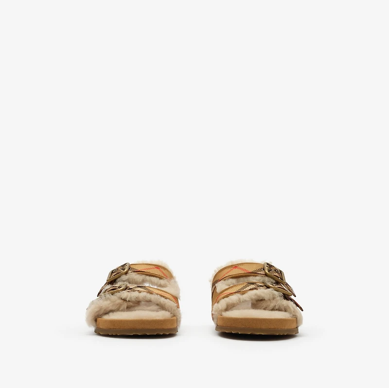 Check Shearling Urchin Sandals in Jute beige - Women | Burberry® Official