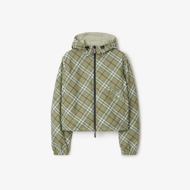 Cropped Reversible Check Hooded Jacket in Skylark - Women, Nylon | Burberry® Official