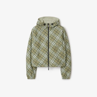 Cropped Reversible Check Hooded Jacket in Skylark - Women, Nylon | Burberry® Official