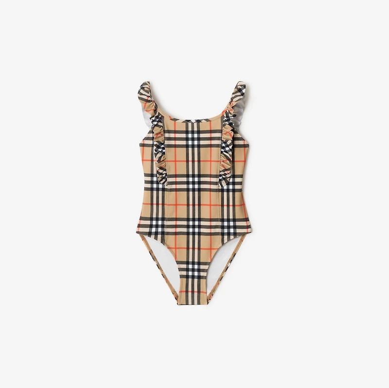Ruffle Trim Check Swimsuit in Sand beige | Burberry® Official