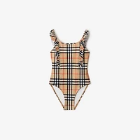 Ruffle Trim Check Swimsuit in Sand beige | Burberry® Official
