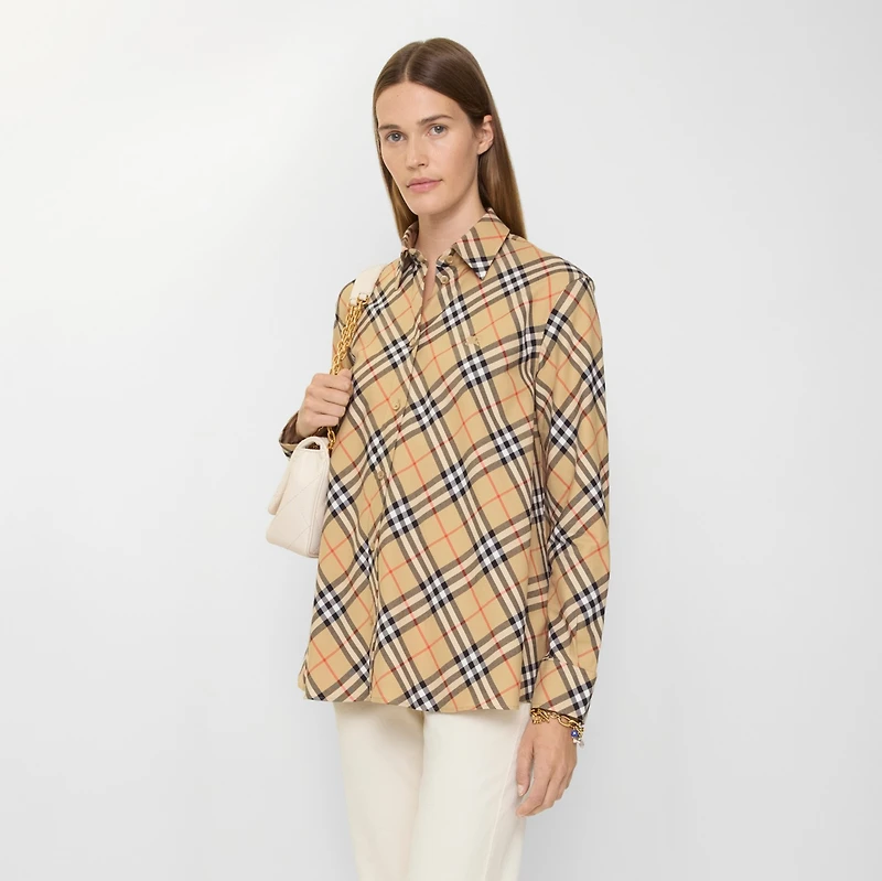 Relaxed Fit Check Cotton Flannel Shirt in Sand beige - Women | Burberry® Official