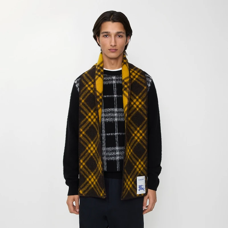 Narrow Check Wool Scarf in Chocolate brown/crown yellow | Burberry® Official