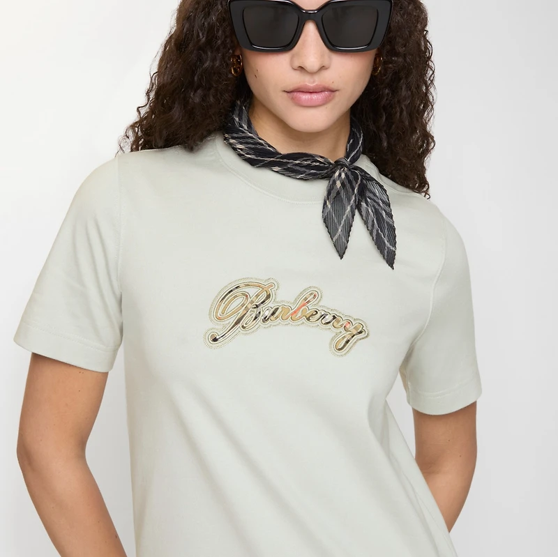 Check Cursive Logo Cotton T-shirt in Seafoam green - Women | Burberry® Official