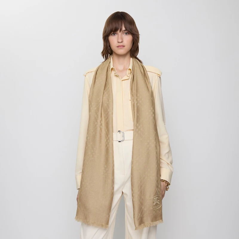 Wide Check Wool Silk Scarf in Sand | Burberry® Official