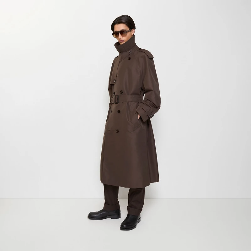 Long Check Collar Silk Cotton Trench Coat in Shade brown - Men | Burberry® Official