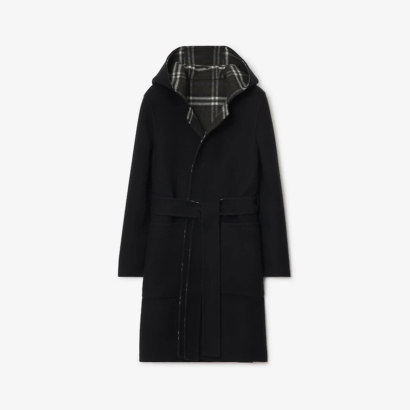 Reversible Wool Hooded Wrap Coat in Black/snug - Women | Burberry® Official