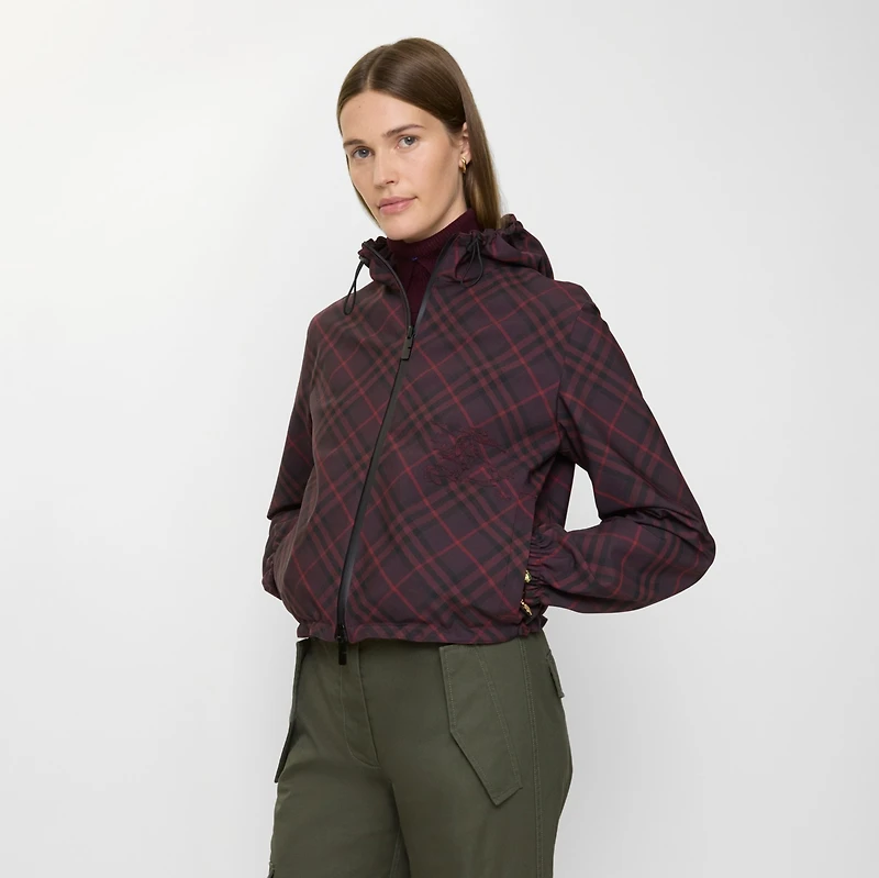 Cropped Reversible Check Hooded Jacket in Wine red - Women, Nylon | Burberry® Official