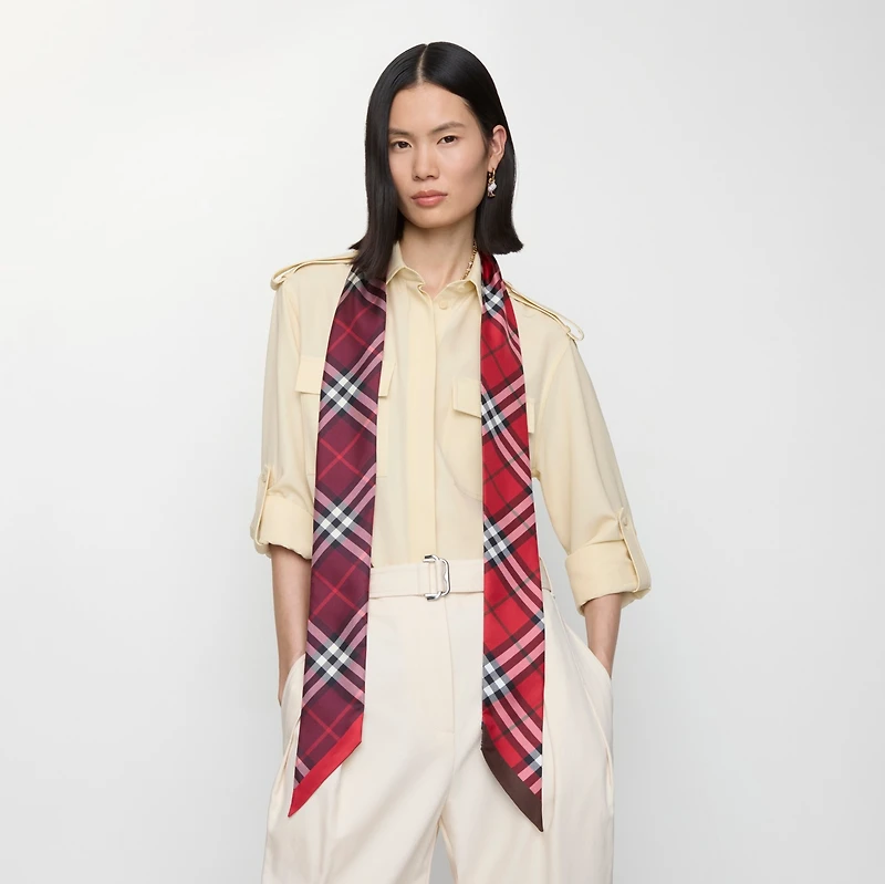 Skinny Contrast Check Silk Scarf in Pillar/oxblood | Burberry® Official