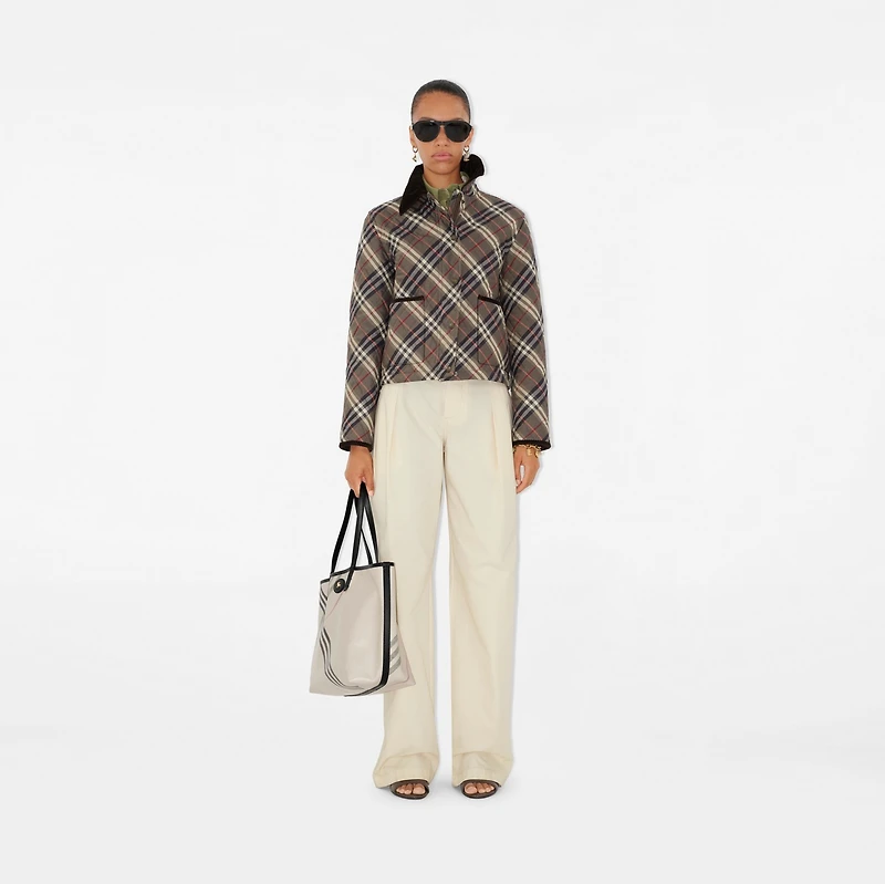 Cropped Check Quilted Cotton Jacket in Moss brown/ink grey - Women | Burberry® Official