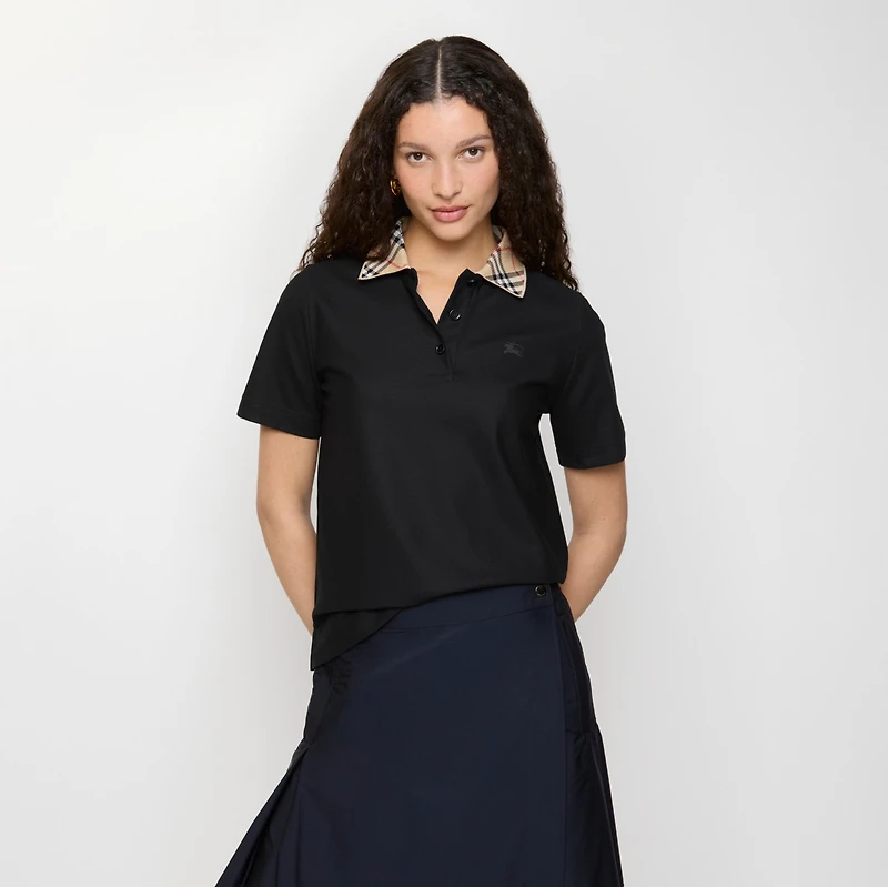Check Collar Cotton Polo Shirt in Black - Women | Burberry® Official