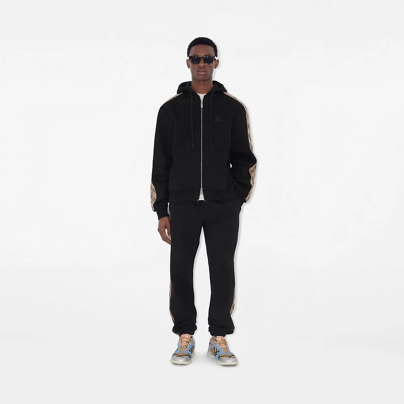 Check Trim Cotton Zip Hoodie in Black - Men | Burberry® Official