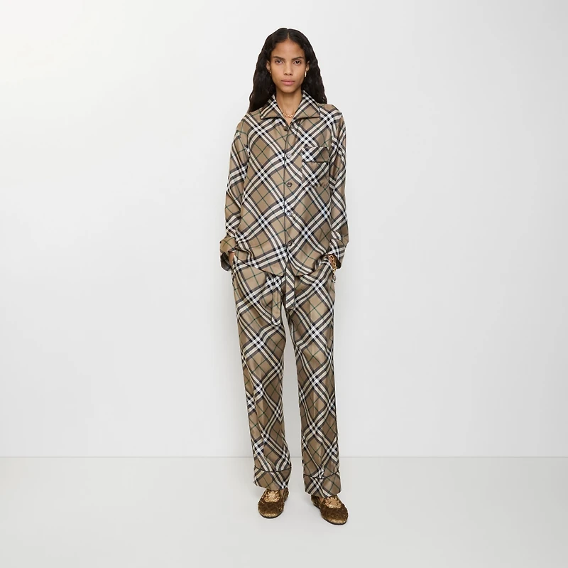 Check Silk Pyjama Trousers in Linden beige - Women | Burberry® Official