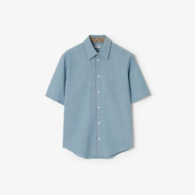 Classic Fit Check Piping Chambray Shirt in Blue melange - Men | Burberry® Official