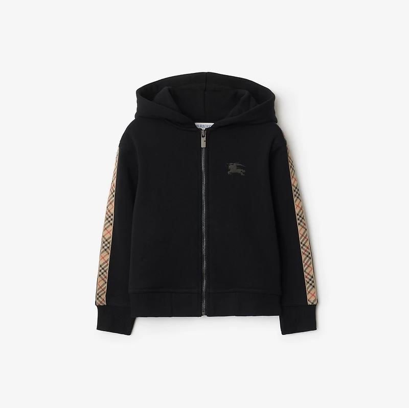 Check Trim Cotton Zip Hoodie in Black | Burberry® Official