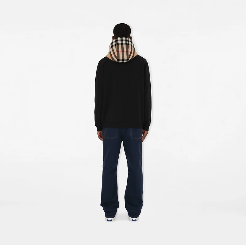 Check Hood Cotton Zip Hoodie in Black/archive beige - Men | Burberry® Official