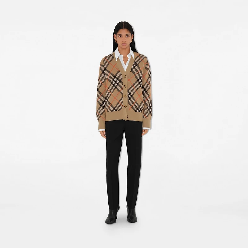 Check Wool Mohair Blend Cardigan in Sand - Women, Nylon | Burberry® Official