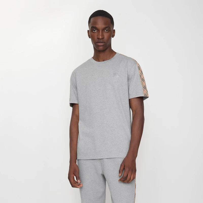 Check Trim Cotton T-shirt in Pale grey melange - Men | Burberry® Official