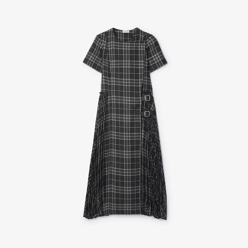 Check Wool Blend Kilt Dress in Onyx grey/light grey - Women | Burberry® Official