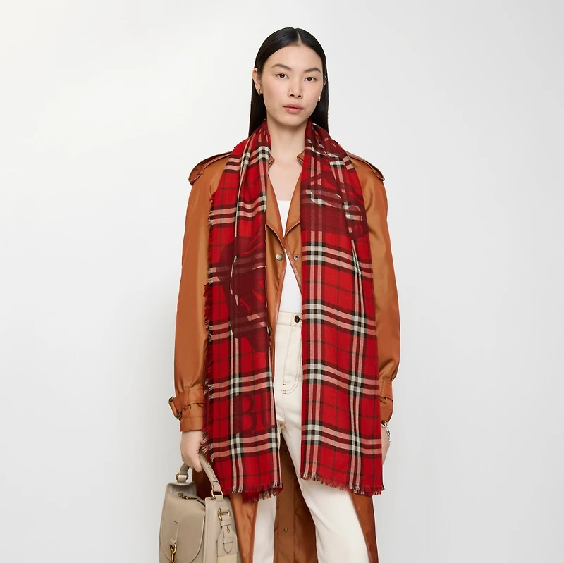 Wide EKD Check Wool Silk Scarf in Post red | Burberry® Official