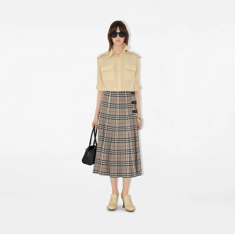 Check Wool Midi Kilt in Crater/dark charcoal - Women | Burberry® Official