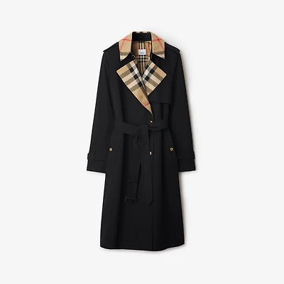 Long Check Collar Gabardine Trench Coat in Black - Women, Cotton Gabardine | Burberry® Official